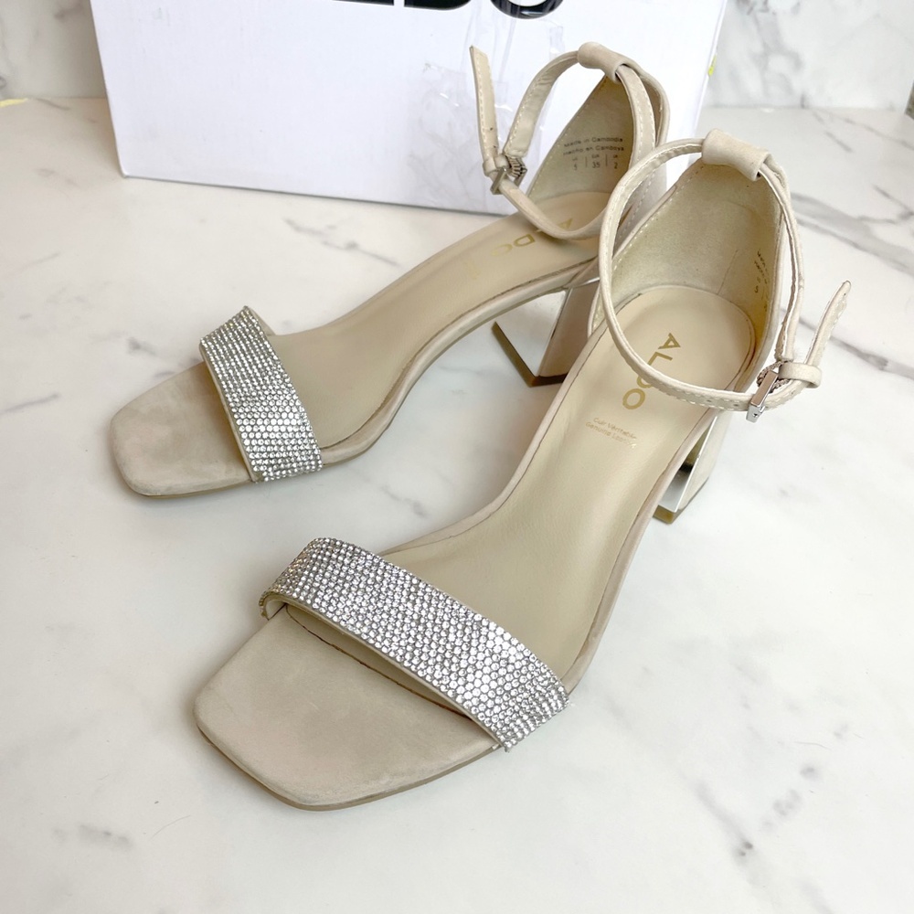 Aldo Kedeaviel Strappy Heeled OpenToe Sandals Metallic Silver Rhinestone Beige 5 - Picture 4 of 11